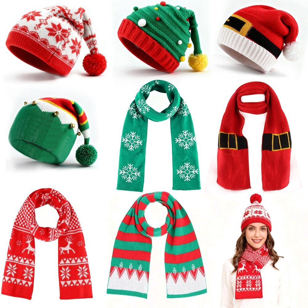 9711 8PCS Christmas Knitted Hat and Santa Scarf Set, Elf Hat Crochet